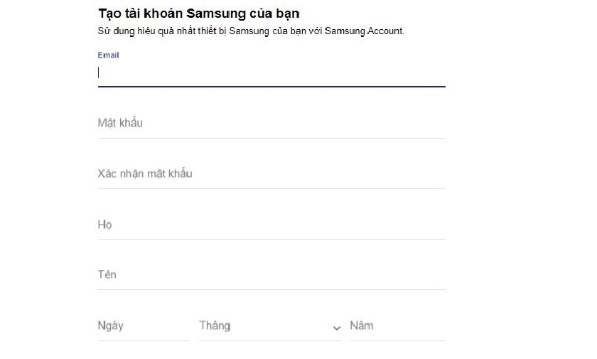 Tạo tài khoản và mật khẩu của Samsung