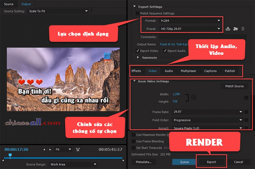 tiến hành Render bằng cách vào File → Export → Media.