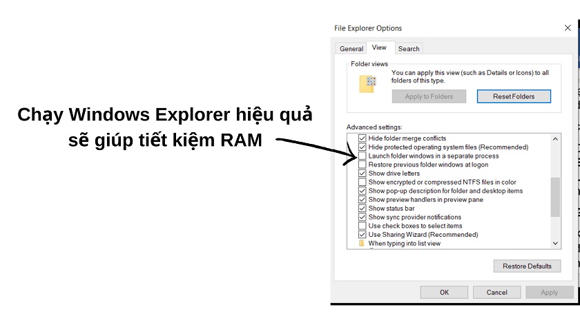 Chạy Windows Explorer để giải phóng bộ nhớ ram máy tính