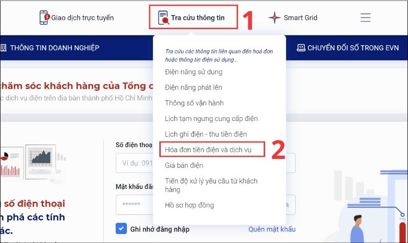 Chọn mục Hóa đơn tiền điện và dịch vụ trên website EVN