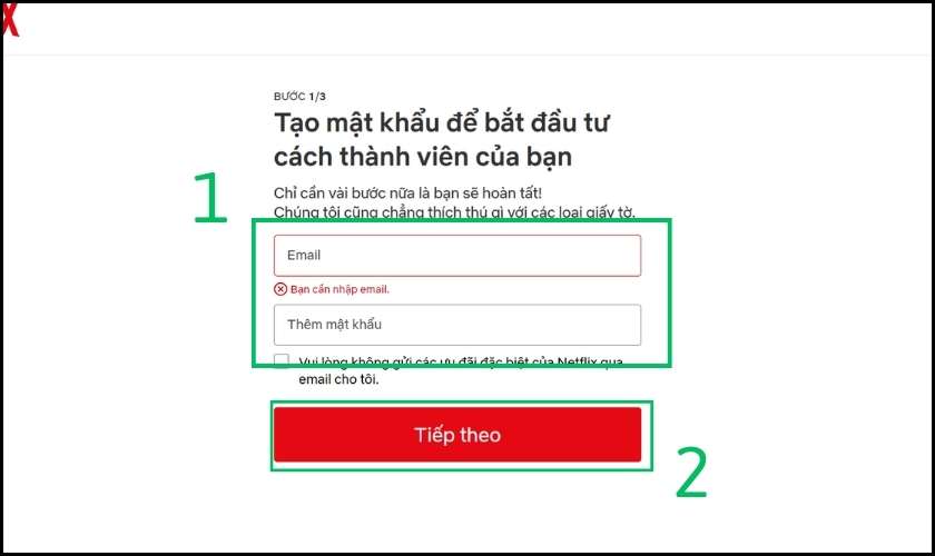 Nhấn tiếp tục để đăng ký tài khoản Netflix free 2023