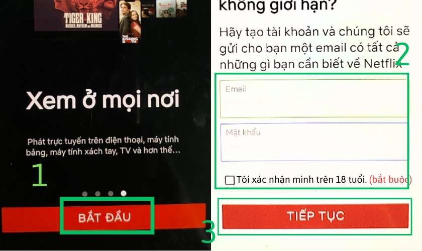 Chọn bắt đầu để đăng ký tài khoản Netflix free 2023