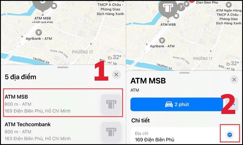 Các bước tìm cây ATM bằng app Bản đồ iPhone