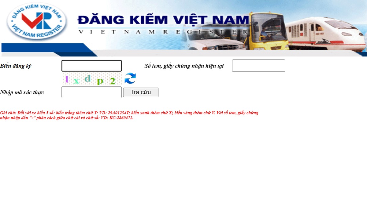 Tra cứu bằng trang web của Cục Đăng kiểm Việt Nam