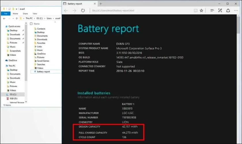Bảng thông số pin Battery Report